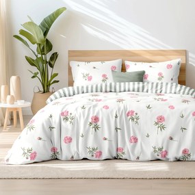 Goldea pamut ágyneműhuzat - pünkösdi rózsamintás, zsálya színű csíkos hátoldal 140 x 200 és 70 x 90 cm