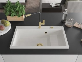 Mexen Omar egymedencés gránit mosogató 800 x 480 mm, fehér, arany szifon - 6520801005-20-G