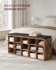 Cipőtartó pad, tárolós pad párnázott ülőfelülettel 30 × 105 × 48 cm, rusztikus barna színben