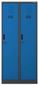 Pléh öltözőszekrény talpazaton, kétmodulos, polccal és köztes fallal KACPER, 800 x 1800 x 500 mm, antracit-kék