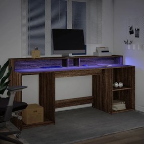 barna tölgy színű szerelt fa íróasztal LED-ekkel 200x55x91 cm