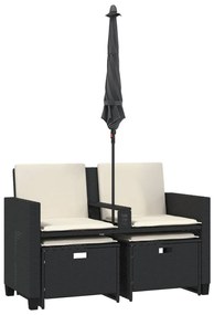 2 személyes fekete polyrattan kerti kanapé napernyővel/székkel