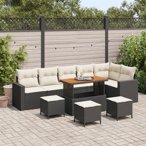 9 darabos Kert Sofa Szett Párnákkal Fekete Poli Rattan Akáciából, 3 darabos Kert Étkezős Szett Párnákkal Fekete Poli Rattan Akáciából