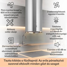 Klarstein Bolea, sziget páraelszívó, Ø 90 cm, recirkulációs/elszívás üzemmód, 651 m³/ó, LED, aktívszén szűrőkkel