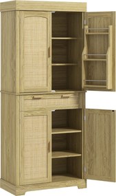 HOMCOM Magas Boho Stílusú Konyhai Buffettek 2 Szekrénnyel és 1 Fiókkal, Konyhai Szekrény Fa és Rattan Fűszertartókkal, 76x40x183cm, Tölgy | Aosom