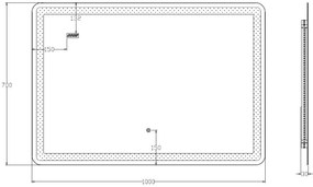 Viva AURA fürdőszoba tükör - érintőkapcsolós - páramenetesítős - órával - LED - FEKVŐ - 100 x 70 cm