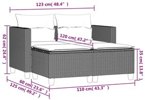 2 személyes fekete polyrattan kerti kanapé zsámollyal