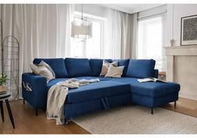 Sötétkék kordbársony kinyitható sarokkanapé (jobb oldali) Lofty Lilly – Miuform