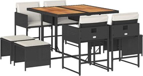 vidaXL 9 részes fekete polyrattan kerti étkezőgarnitúra párnákkal
