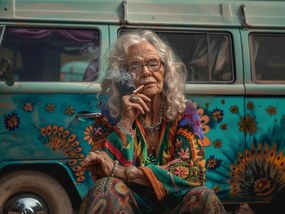 Canvas Hippi Vászonkép Idősebb Nő Színes Van Retro 100x75