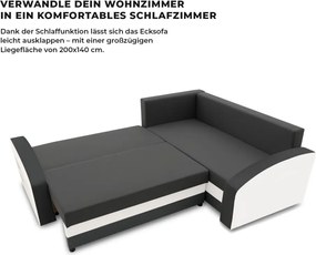 Grande sarokkanapé polcokkal , polc a bal karfaban, jobboldali, szövet anyag, hab töltet, szürke - fehér