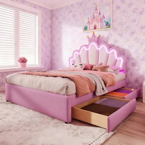Led kárpitozott ágy 140x200cm Lány franciaágy Pu rózsaszín