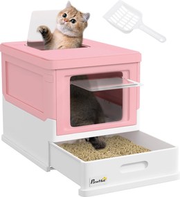 PawHut macska alomtálca fedéllel, zárt macska WC, lapos tálca, maximum 5 kg-os macskáknak 47,5 x 35,5 x 36,7 cm Fehér+Rózsaszín | Aosom