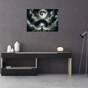 Üveg kép – Fekete-fehér fa teliholdban (70x50 cm)