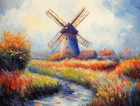 Vászonkép Canvas Tájkép Szabadtéri Táj Falu Szélmalom Folyó 80x60