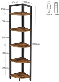 5 szintes sarok könyvespolc, sarokpolc, rusztikus barna
