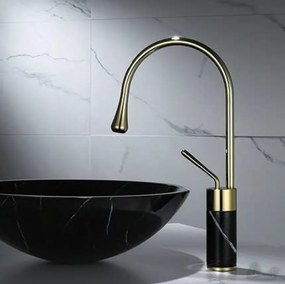 Mosdócsaptelep EYN BF0954 pultra szerelhető kivitelben, forgatható kifolyóval, többféle színváltozatban — Szálcsiszolt arany – fekete márvány — 41 cm