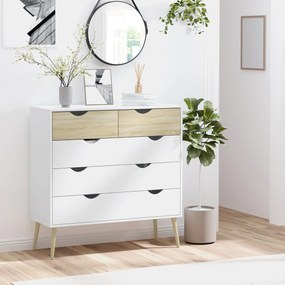 HOMCOM Skandináv Stílusú 5-Fiókos Komód Tárolóegység Fapanelből 99 x 39 x 101 cm Fehér Világos Tölgy | Aosom