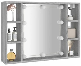 szürke sonoma színű tükrös szekrény LED-ekkel 76 x 15 x 55 cm