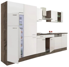 Yorki 340 konyhabútor yorki tölgy korpusz,selyemfényű fehér fronttal polcos szekrénnyel és felülfagyasztós hűtős szekrénnyel
