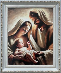 Vászonkép 31x26 Szent Család Jézus Krisztus József Mária Fehér Díszített Keret