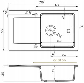 Mosogató Quality Ferrum, konyhai gránit mosogató 770x450x190 mm + szifon, fehér, SKQ-FER.W.1KDO.X