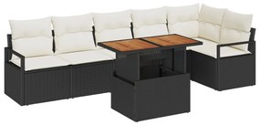 7 részes kerti kanapé szett párnákkal fekete PE rattan akácfa, 2 fős kerti kanapé párnákkal fekete PE rattan