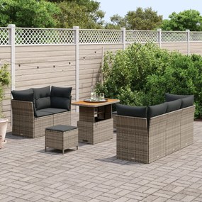 8 Darabos Kert Sofa Szett Párnákkal Szürke Poli Rattan Akácia, 3 Darabos Kert Étkező Szett Párnákkal Szürke Poli Rattan Akácia