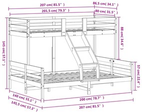tömör fenyőfa emeletes ágy 80x200/140x200 cm