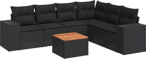 vidaXL 7 részes fekete polyrattan kerti ülőgarnitúra párnával
