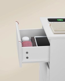 Éjjeliszekrény, oldalasztal 3 fiókkal, 2 ac aljzattal és 2 usb porttal, fehér