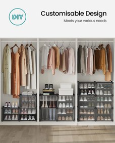 Összekapcsolható cipőtartó, 10 rekeszes műanyag cipőszekrény, fekete