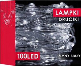 Karácsonyfa Fényfüzér Drót 100 Led Elemes Fehér Hideg Karácsonyi Fényfüzér