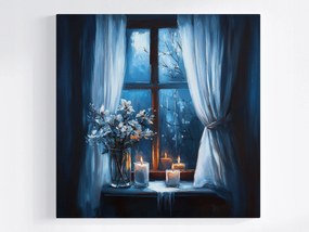 Vászonkép Canvas Ablak Este Éjszaka Gyertyák Virágok Hangulat Kilátás 40x40