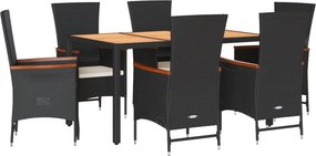 vidaXL 7 részes fekete polyrattan kerti étkezőgarnitúra párnával