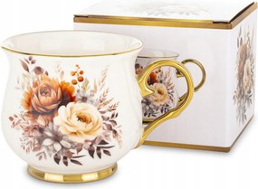 Porcelán bögre 430 ml Fehér Virágok Arany Elegáns Ajándék Doboz