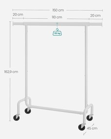 SONGMICS gurulós ruhatartó állvány, kihúzható ruharúd, max. 130 kg terhelhetőség, matt fehér