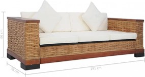 3 személyes barna természetes rattan kanapé párnával