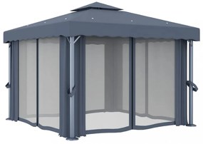 antracitszürke pavilon függönnyel és LED fényfüzérrel 3 x 3 m