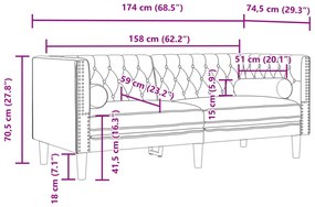 2 személyes bordó bársony Chesterfield kanapé hengerpárnákkal
