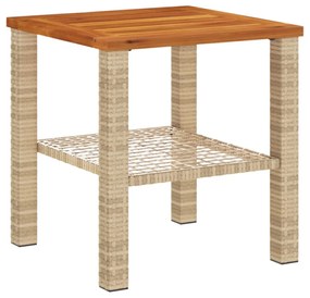 bézs polyrattan és akácfa kerti asztal 40 x 40 x 42 cm