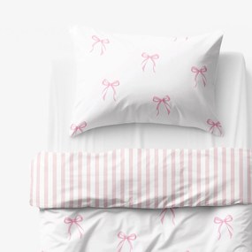 Goldea gyermek pamut ágyneműhuzat - masnik, púderrózsaszín csíkos hátoldal 140 x 200 és 70 x 90 cm