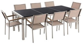 Nyolcszemélyes fekete osztott asztallapú étkezőasztal bézs textilén székekkel GROSSETO Beliani