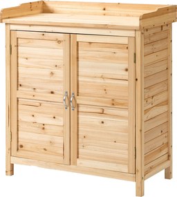 Outsunny Fa Kerti Szekrény Kültéri Tároló Műhely 2 Ajtóval, Polccal és Emelt Lábakkal Teraszra, Patio 83x40x92 cm Természetes | Aosom