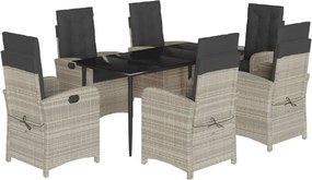vidaXL 7 részes világosszürke polyrattan kerti étkezőszett párnával