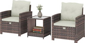 Outsunny 5 részes műrattan kerti szett – 2 helytakarékos puff, 2 fotel, 2 szintes üvegasztal párnákkal – barna/krém | Aosom