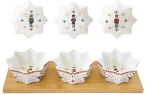 Diótörő porcelán csillag alakú kínáló tálka szett bambusztálcán, 4 részes, 34x12 cm, díszdobozban - Nutcrackers
