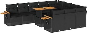 vidaXL 11 részes fekete polyrattan akácfa kerti ülőgarnitúra párnákkal