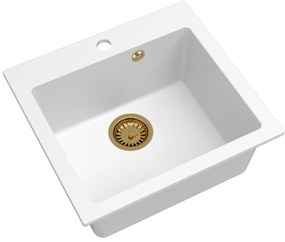 Mosogató Quality Ferrum 50, konyhai gránit mosogató 490x450x195 mm + arany szifon, fehér, SKQ-FER.W.1K50.XG