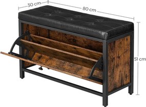 Cipőtároló pad, párnázott ülőfelülettel lehajtható cipőtárolóval, rusztikus barna 80x30x51cm